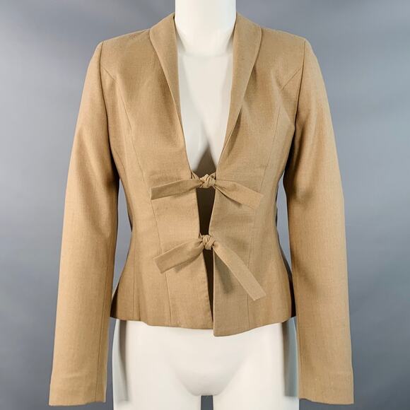 PAUW Size 2 Beige Wool Blend Pleated Shawl Lapel Tie Closure Jacket Blazer - Picture 1 of 8